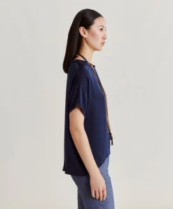 Blouse Alonso En Soie Unie - Bleu Nuit