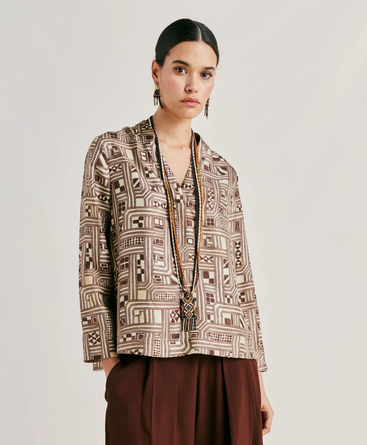 Blouse Ambroise En Serge De Soie - Beige/Tabac