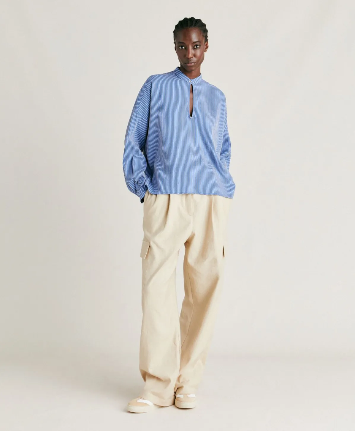 Blouse En Viscose De Soie Rayee Zoe - Bleu Clair/Creme