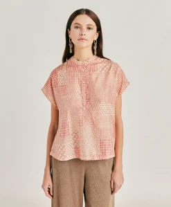 Blouse Paso En Haboutai De Soie - Creme/Corail