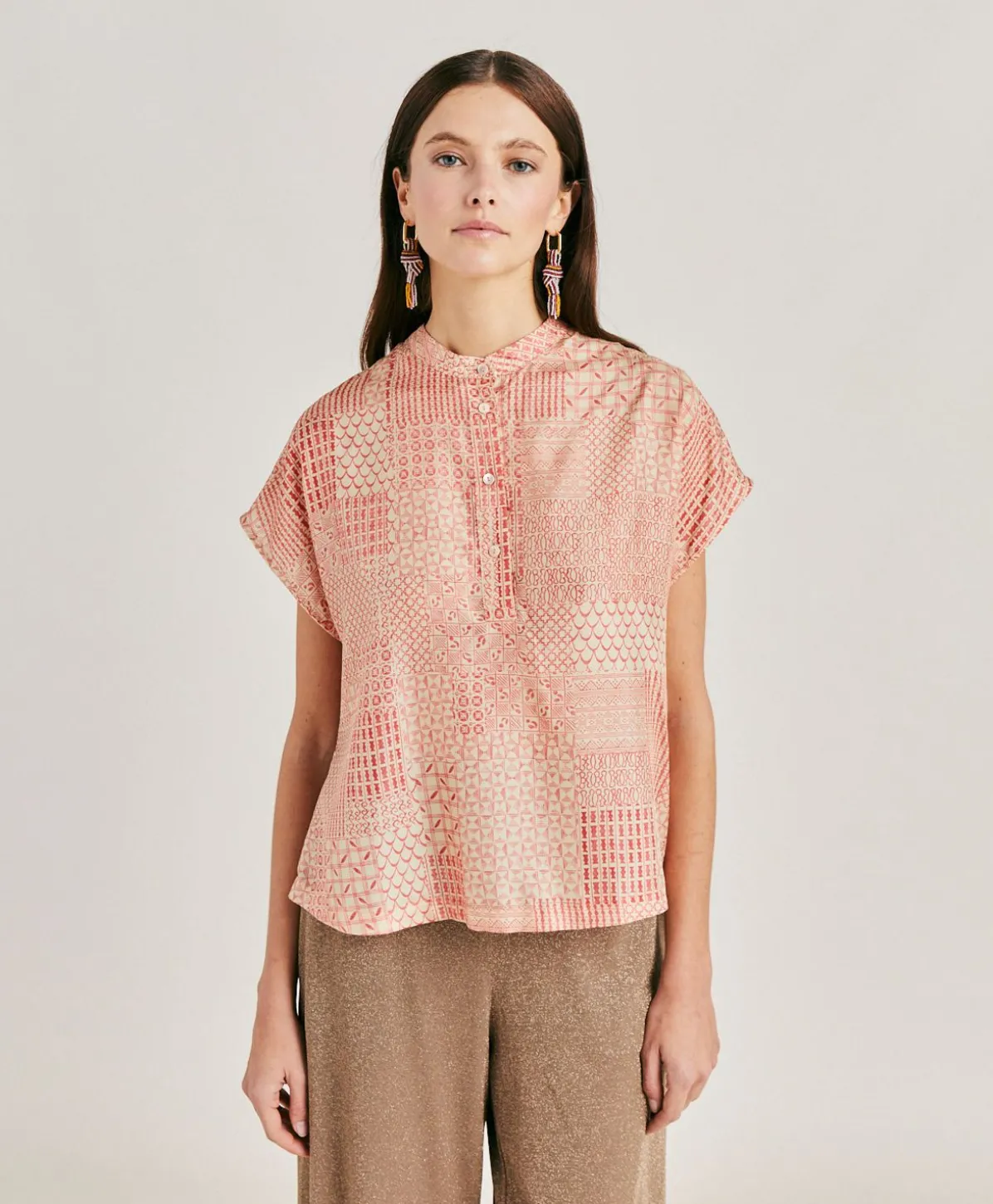 Blouse Paso En Haboutai De Soie - Creme/Corail