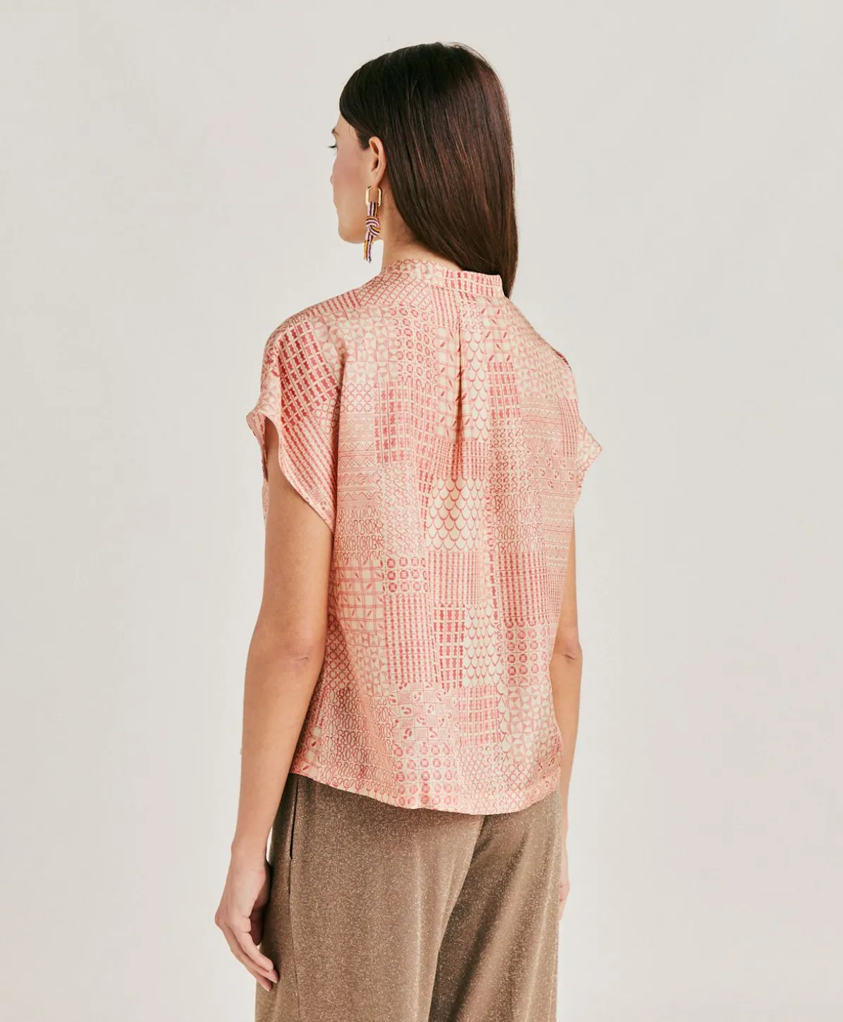 Blouse Paso En Haboutai De Soie - Creme/Corail