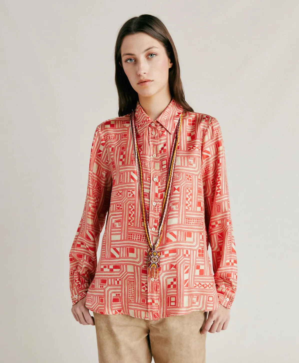Chemise Arles En Serge De Soie - Beige/Corail