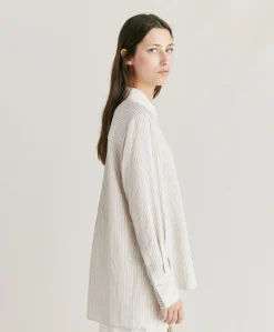 Chemise En Viscose De Soie Rayee Aura - Creme/Caramel