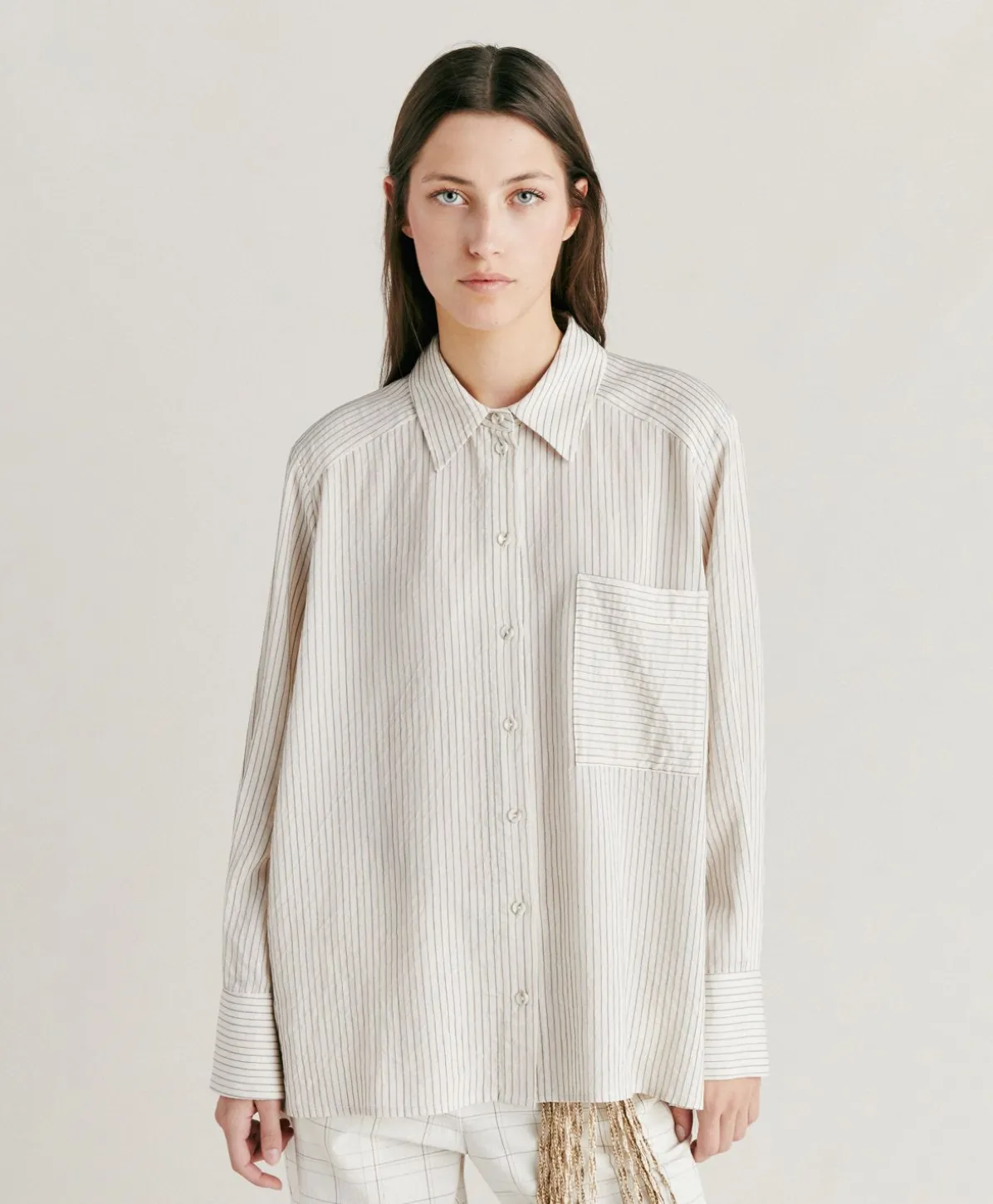 Chemise En Viscose De Soie Rayee Aura - Creme/Caramel