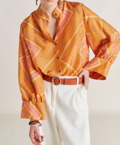 Chemise Franklin En Haboutai De Soie - Orange/Fuchsia