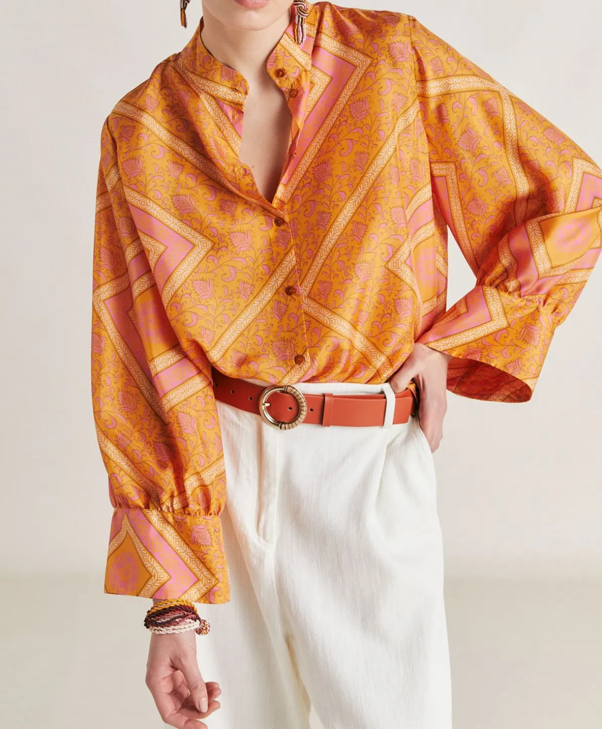 Chemise Franklin En Haboutai De Soie - Orange/Fuchsia