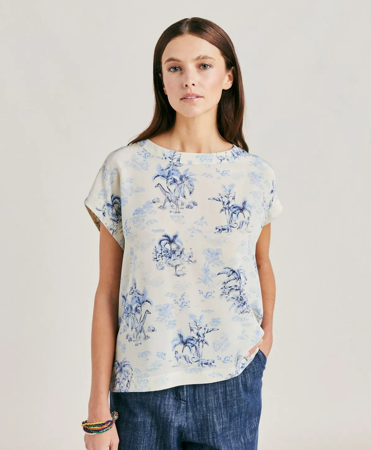 Chemisier Curacao Crepe De Chine - Creme/Bleu Clair