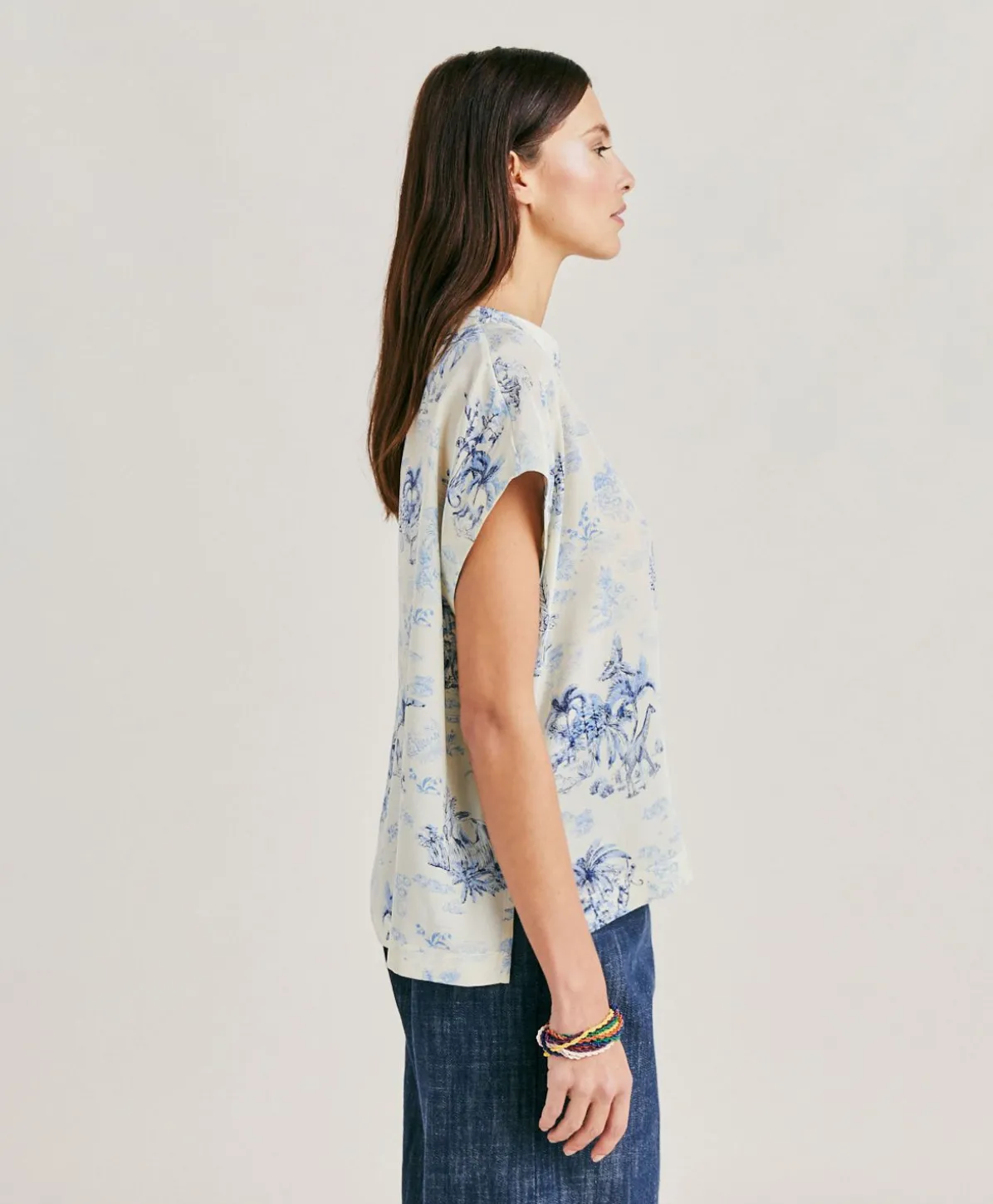 Chemisier Curacao Crepe De Chine - Creme/Bleu Clair