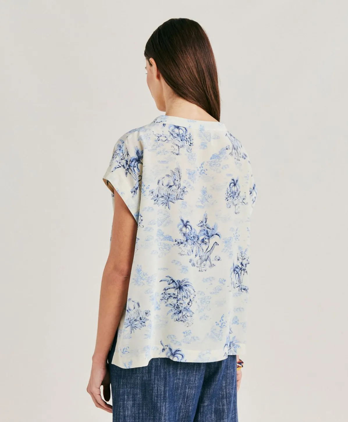 Chemisier Curacao Crepe De Chine - Creme/Bleu Clair