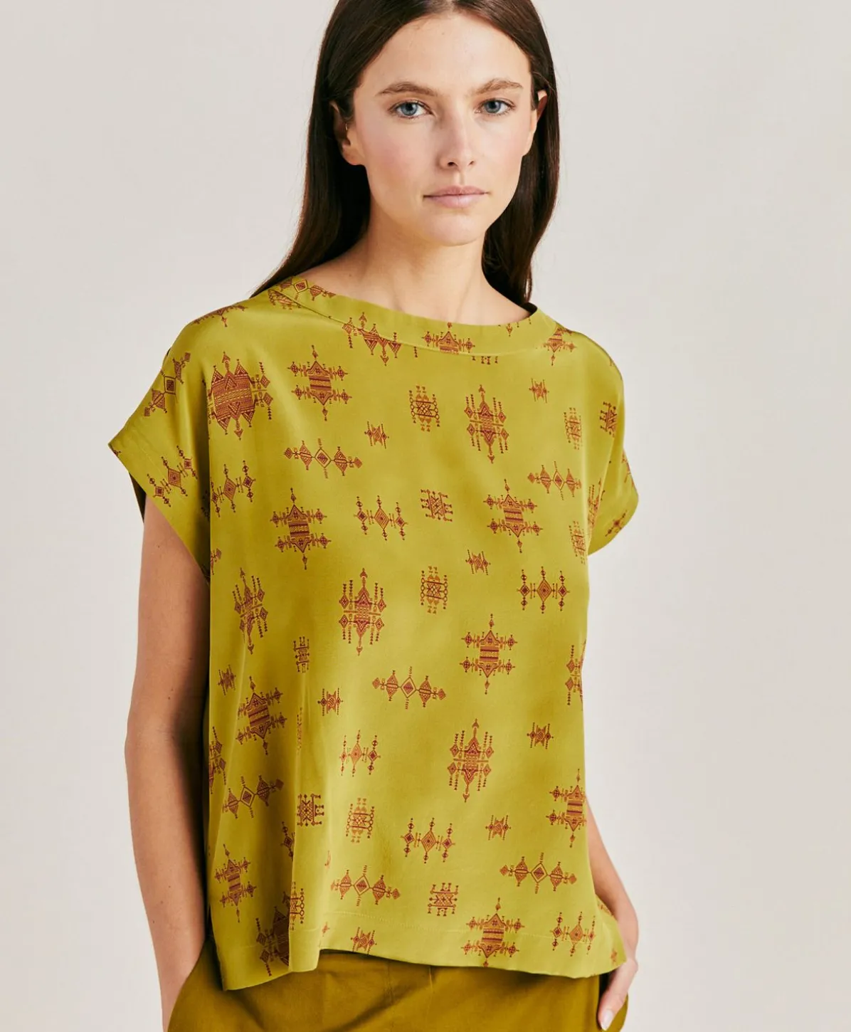 Chemisier Curacao En Crepe De Chine - Citron Vert/Vin