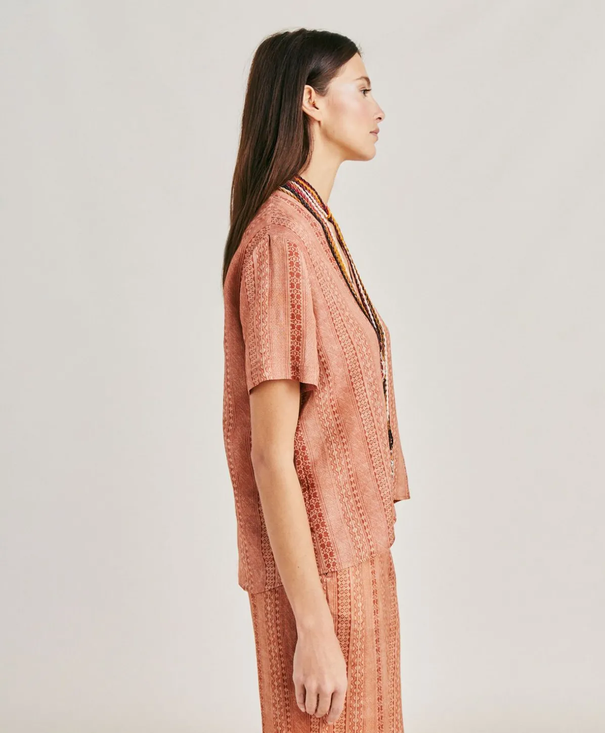 Chemisier Osmanto En Lin Viscose Imprime - Creme/Rouille