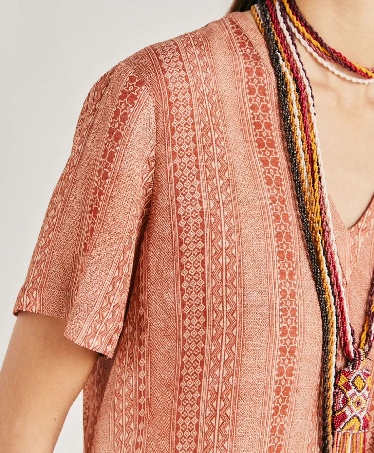 Chemisier Osmanto En Lin Viscose Imprime - Creme/Rouille