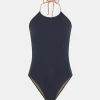 Maillot De Bain Une Piece Cherie A Bretelles Tressees - Bleu Nuit