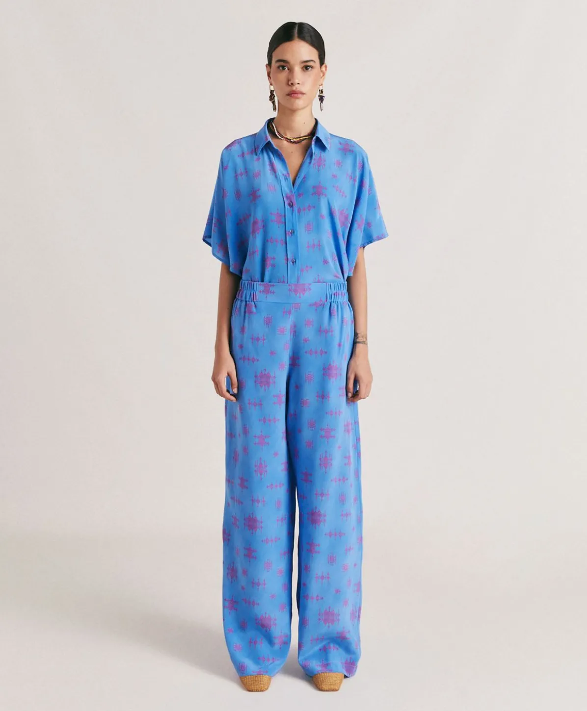 Pantalon En Crepe De Chine Baccarat - Bleutte/Fuchsia