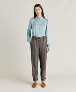 Pantalon En Lin Raye Matthieu - Marron/Aqua