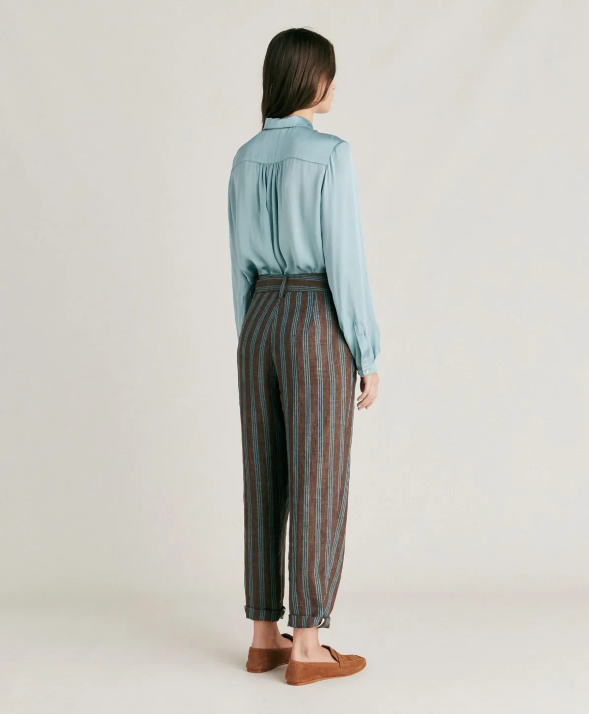 Pantalon En Lin Raye Matthieu - Marron/Aqua