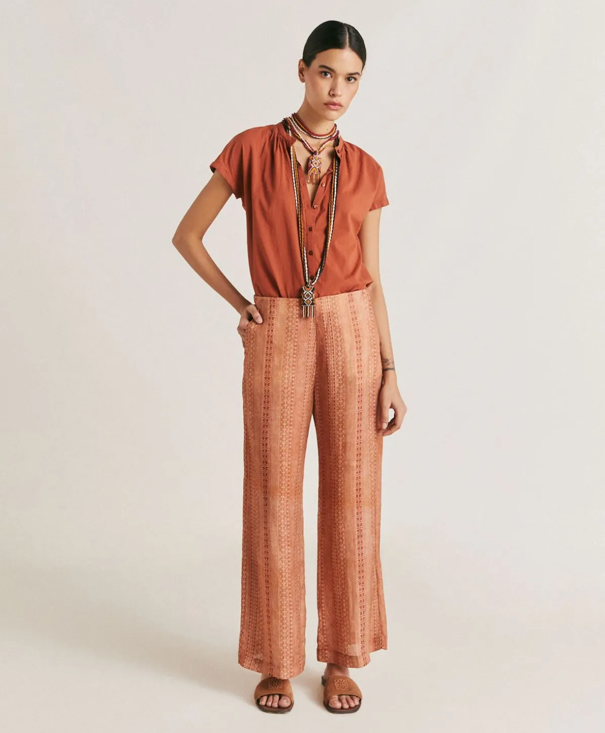 Pantalon Ginepro En Lin Viscose - Creme/Rouille