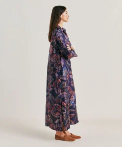 Robe En Serge De Soie Aligusta - Bleu Nuit Multicolore