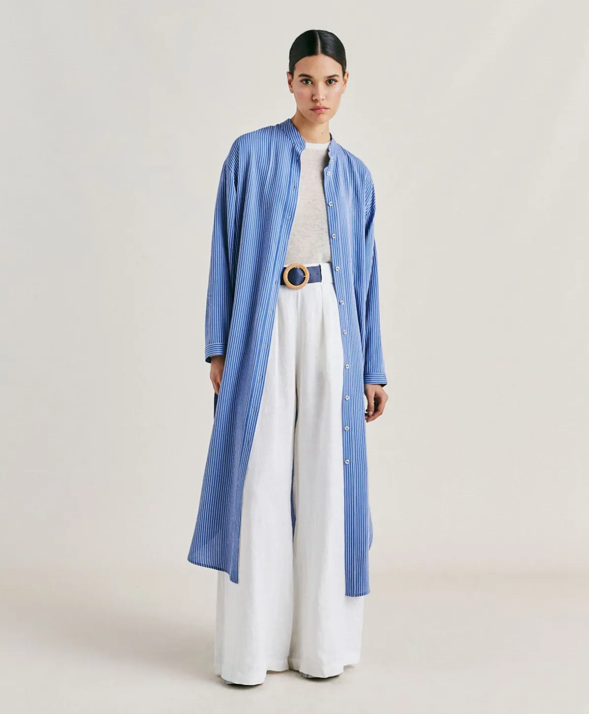 Robe En Viscose De Soie Rayee Zaira - Bleu Clair/Creme