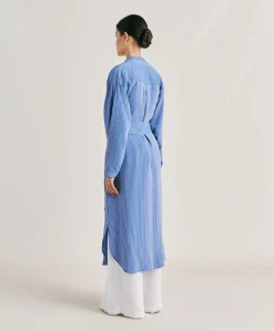 Robe En Viscose De Soie Rayee Zaira - Bleu Clair/Creme