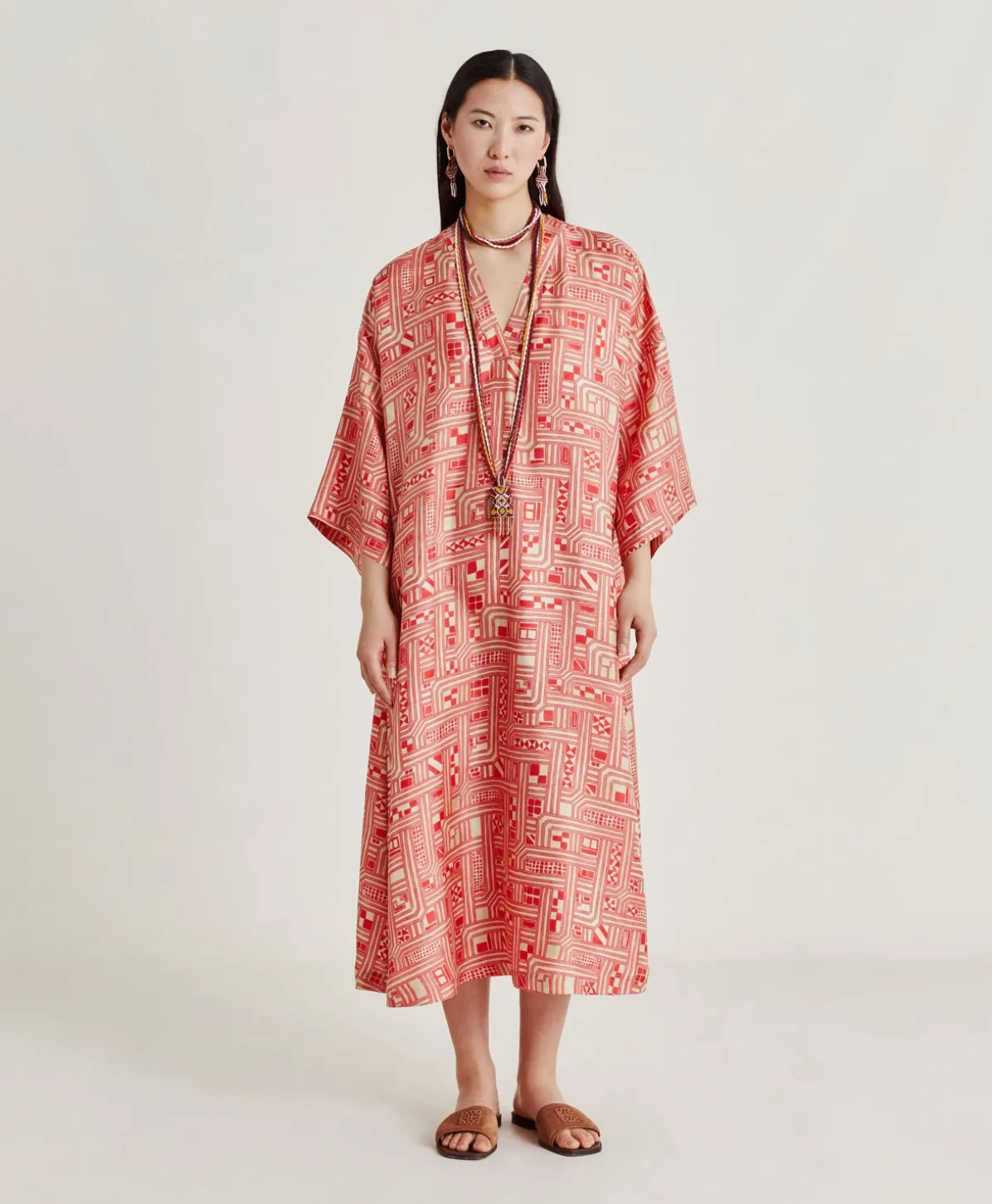 Robe Faro En Serge De Soie - Beige/ Corail