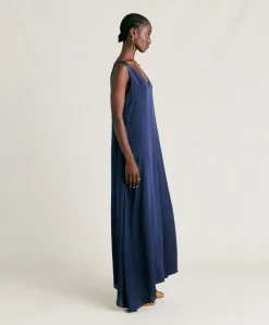 Robe Helena En Soie Unie - Bleu Nuit