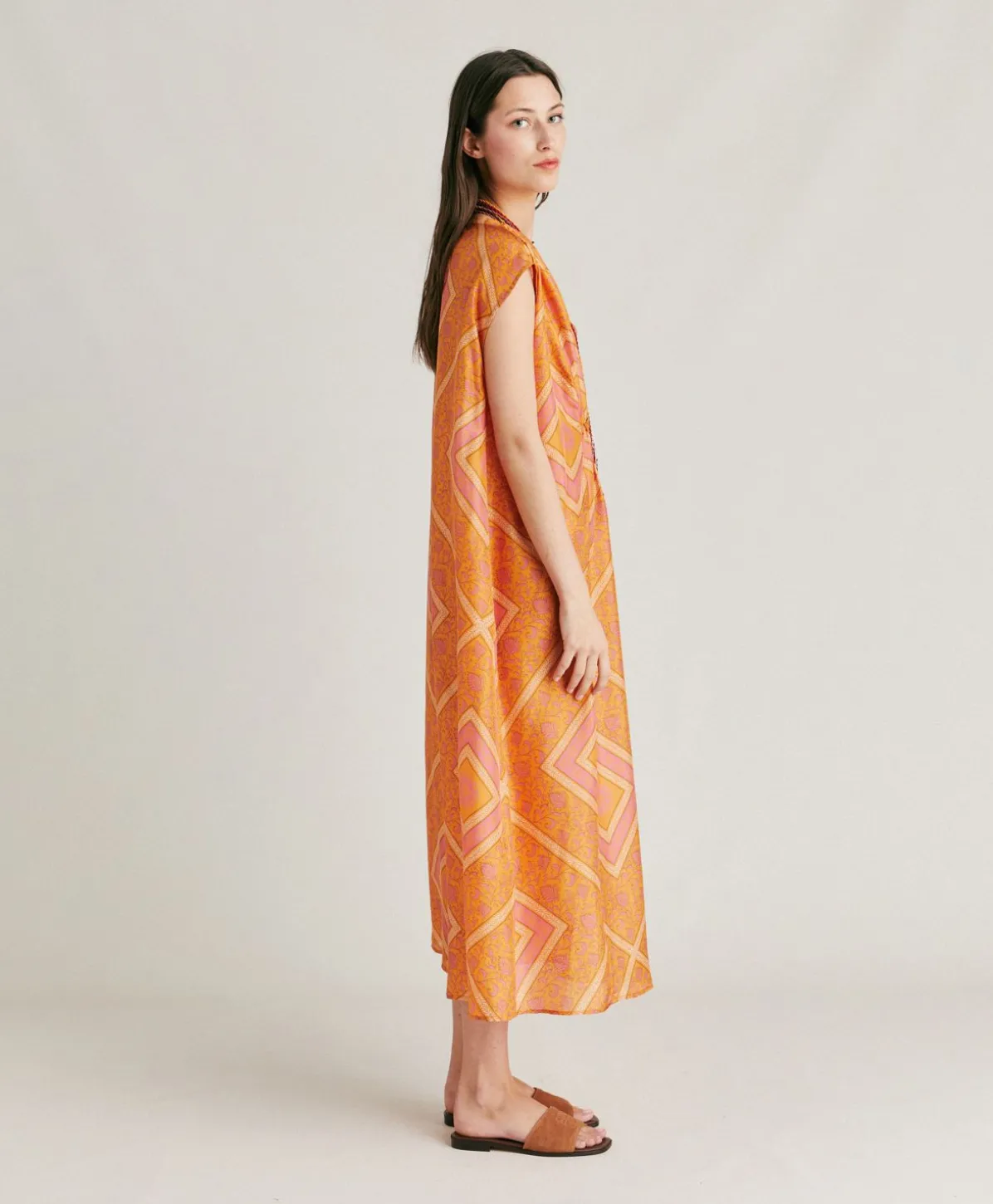 Robe Scilla En Haboutai De Soie - Orange/Fuchsia