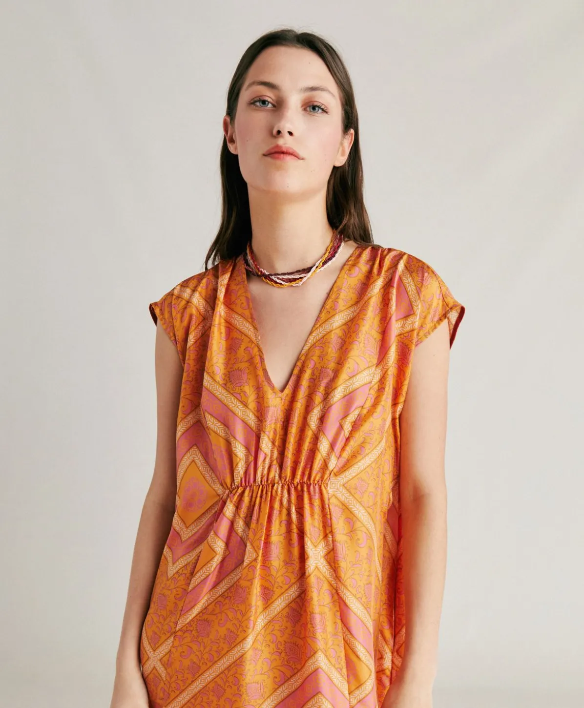 Robe Scilla En Haboutai De Soie - Orange/Fuchsia