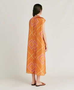 Robe Scilla En Haboutai De Soie - Orange/Fuchsia