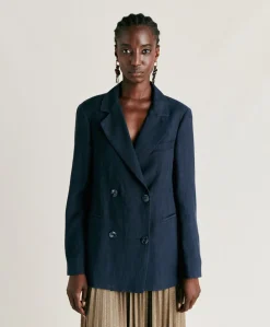 Veste Clair En Viscose De Lin Elegante - Bleu Nuit
